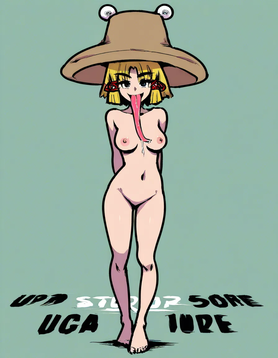 akairiot_artstyle, @moriya_suwako, 1girl, solo, aged_up, medium_breasts, blonde_hair, short_hair, very_long_tongue, tongue_out, saliva, drooling, nude, navel, legs, full_body, standing, arms_behind_head, looking_at_viewer, facing_viewer, from_front, hentai_studio_quality