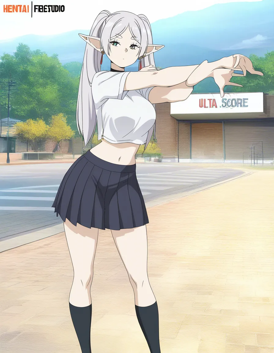 /masterpiece /ultra_detailed /highres @frieren #stretching #leg_up #contemporary #crop_top #skirt #outdoors, hentai_studio_quality