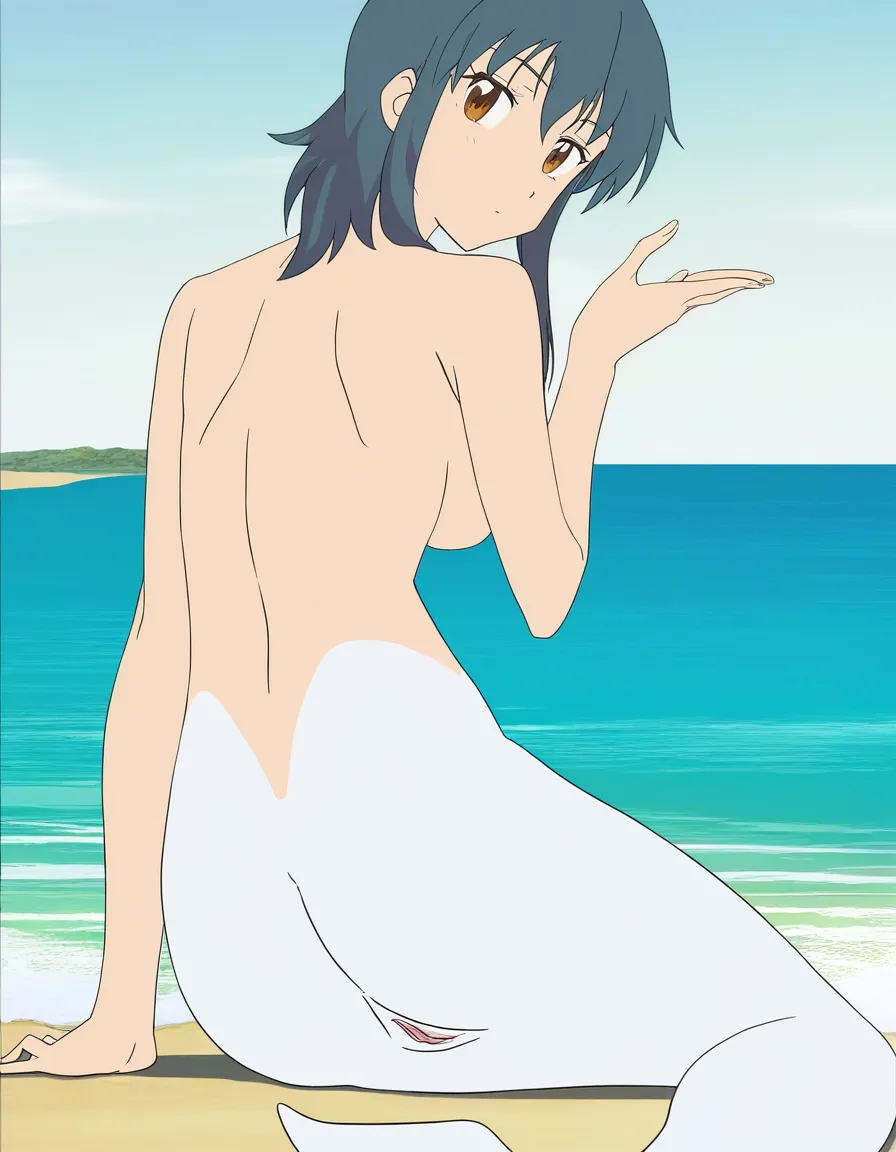 Mermaid, white tail, topless, rubbing her nude pussy at the beach, (anime style:1.3), 2d, anime screencap, cel shading, flat color, @00osamio00