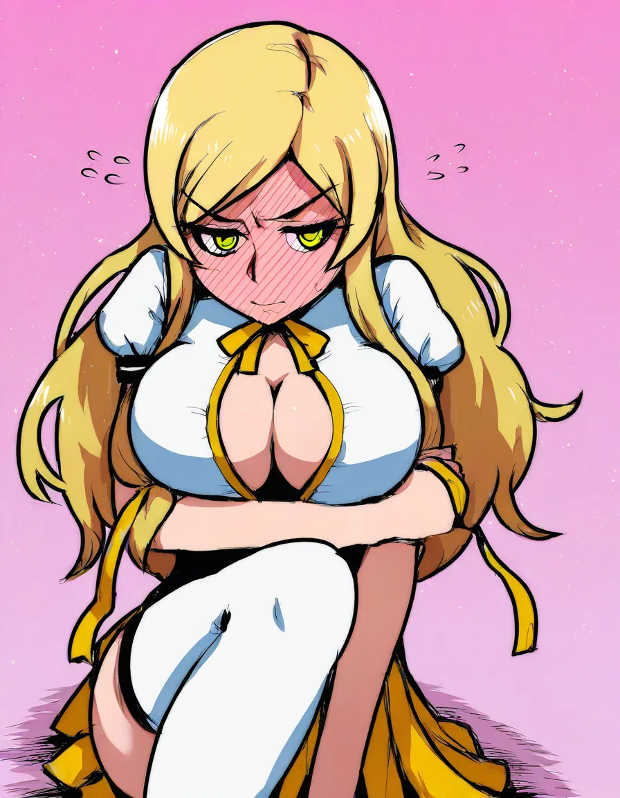 #akairiot_artstyle, @tomoe_mami_(magical_girl), 1girl, solo, hair_down, long_hair, blonde_hair, yellow_eyes, full-face_blush, embarrassed, large_breasts, cleavage, open_clothes, untied_ribbon, yellow_ribbon, brown_corset, lying, on_back, on_bed, looking_at_viewer, hentai_studio_quality