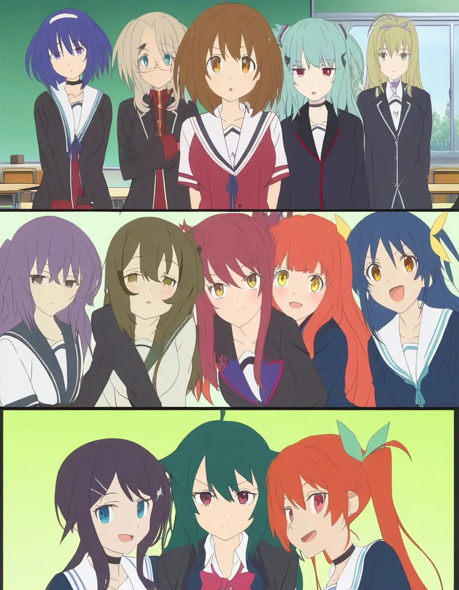 group sex involving 3 couples in a classroom, (anime style:1.3), 2d, anime screencap, cel shading, flat color, @00osamio00