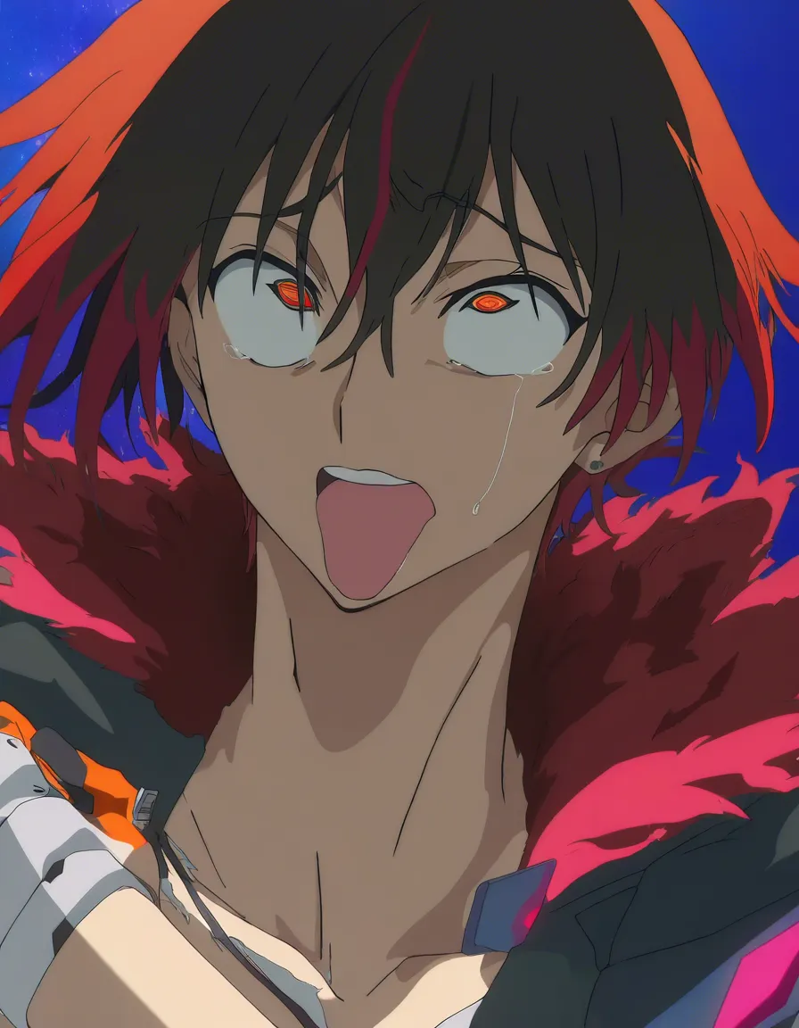 masterpiece, fine detail, 1boy, shirt, ahegao, vivid anime colors, (anime style:1.3), 2d, anime screencap, cel shading, flat color, @00osamio00