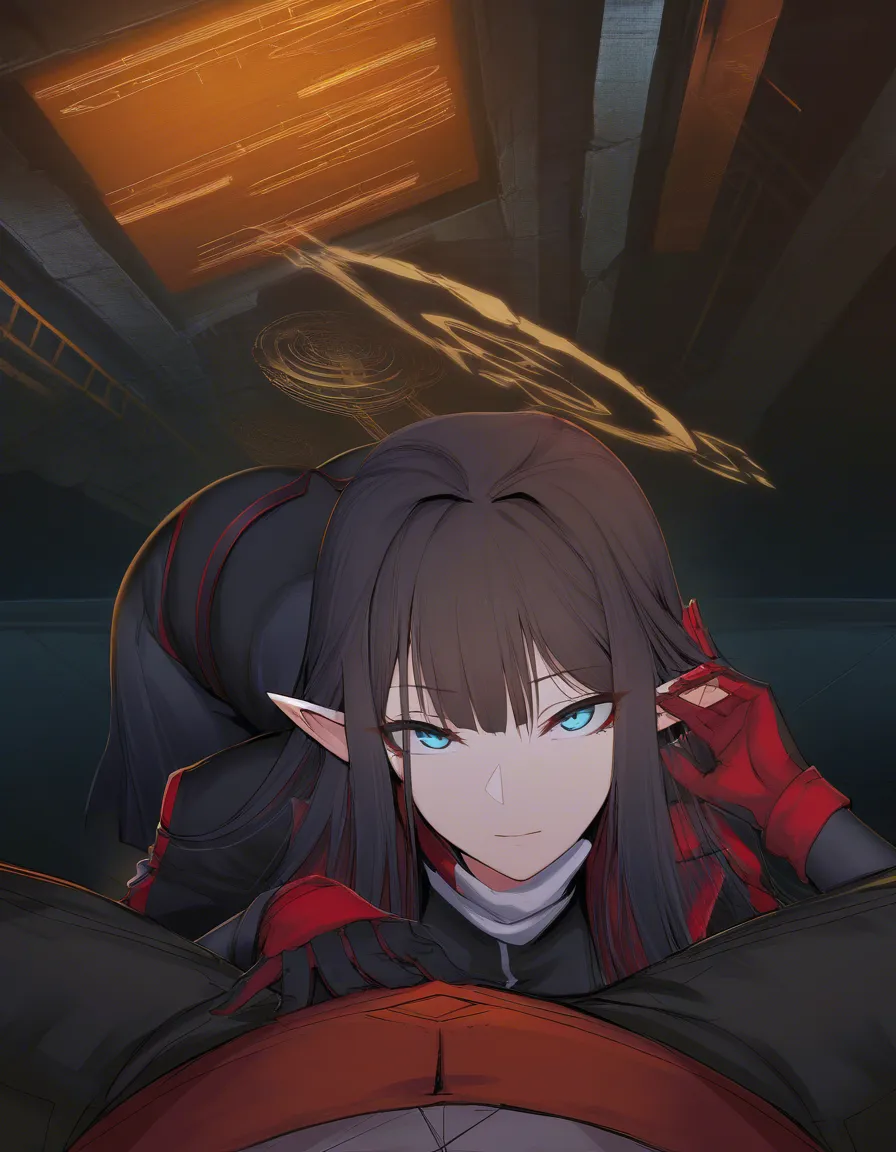 masterpiece, fine detail, elf girl, gloves, bent over, mysterious vibe, POV, soft cel shading, hentai_studio_quality