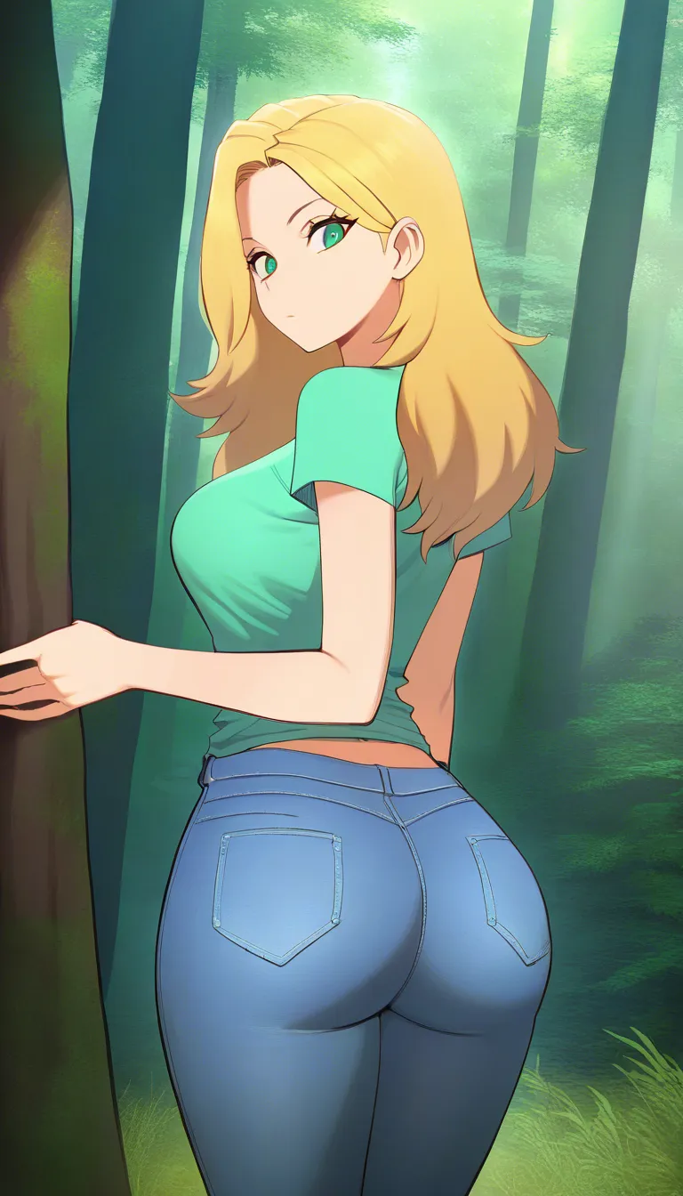 2 no bad drawing. single frame, professional art, shirt visible, Masterpiece, natural perky medium ass, natural perky medium breasts, , look at viewer,1 girl, forest background, With Long blonde hair, blue and green eyes, from behind, standING, legs together, blue pants, blue unbuttoned shirt, cameltoe, soft smile ... single continuous shot, full widescreen view, one single image, uninterrupted scene, no borders, no panels, wide angle cinematic photograph, single perspective, edge-to-edge frame., hentai_studio_quality, hentai_studio_quality, hentai_studio_quality