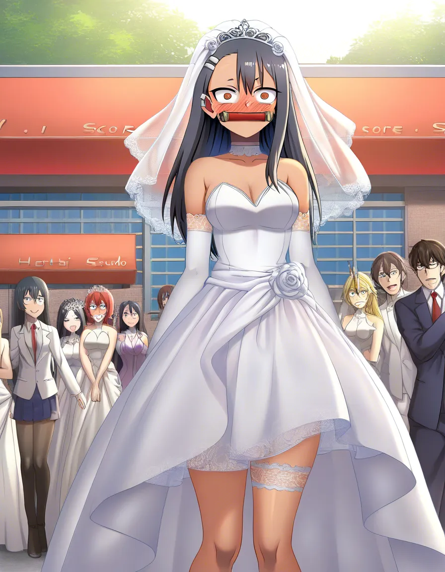 /best_quality /ultra_detailed @nagatoro_hayase #wedding_dress #bridal_garter #bridal_veil #lace #@_@ #embarrassed #public_indecency #gagged, hentai_studio_quality