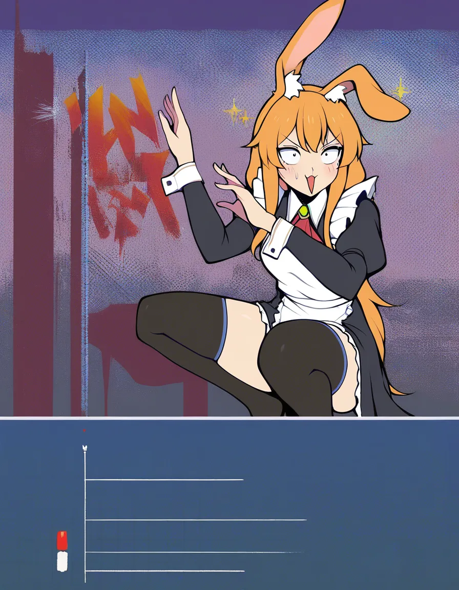 highres, vivid, maid, shirt, bunny girl, on knees, playful expression, eroge aesthetic, hentai_studio_quality