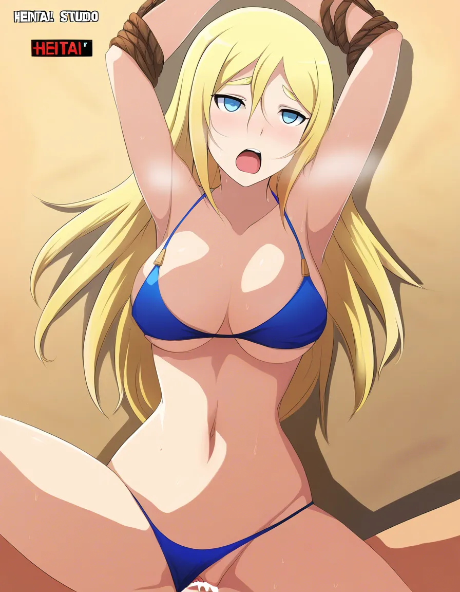 missionary position, creampie, breast milking, tied up (nonsexual), naked, blonde hair, blue eyes, blonde eyebrows, hot, blue bikini, moaning, naked, hentai_studio_quality