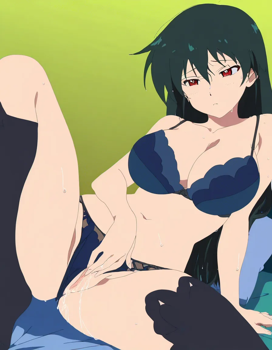 1girl, wet_pussy, red_eyes, black_hair, large_breasts, female_masturbation, underwear, pussy_juice, fingering, (anime style:1.3), 2d, anime screencap, cel shading, flat color
