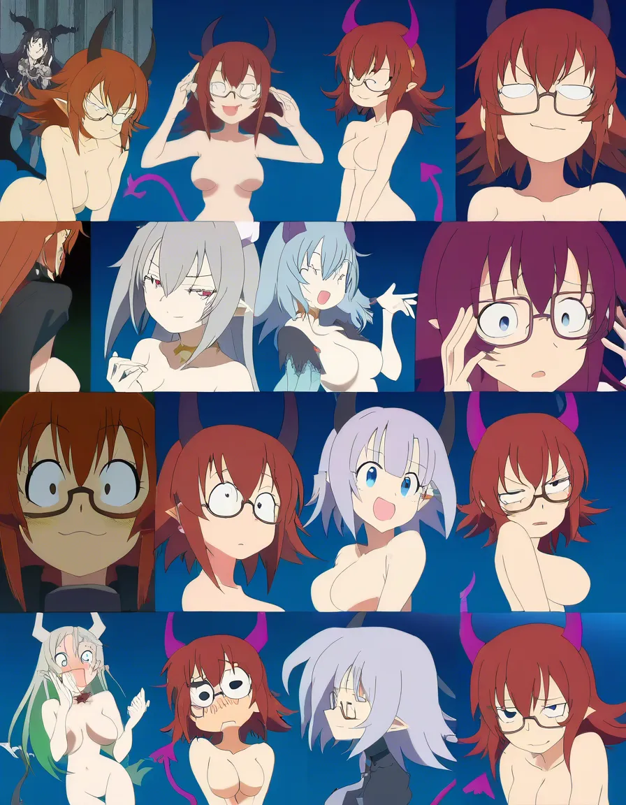 ultra detailed shading, demon girl, glasses, tail, fully nude, blue background, shy smile, doujin style, (anime style:1.3), 2d, anime screencap, cel shading, flat color, @00osamio00, hentai_studio_quality