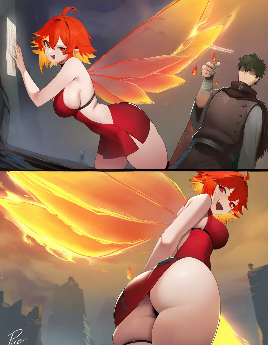 masterpicece, absurdres, best quality, very detailed, sharp, 1boy, 1girl, short_hair, red_eyes, ahoge, orange_hair, fang, red short dress with flame coloured leaf shaped edges, fairy wings, medium_breasts sideboob, skindentation, red high_heels, bare legs, sex, straddling, arched_back,, hentai_studio_quality