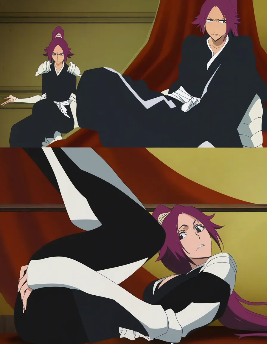 from side,leg_lift ,on back, yorruichi shonin from bleach, (anime style:1.3), 2d, anime screencap, cel shading, flat color
