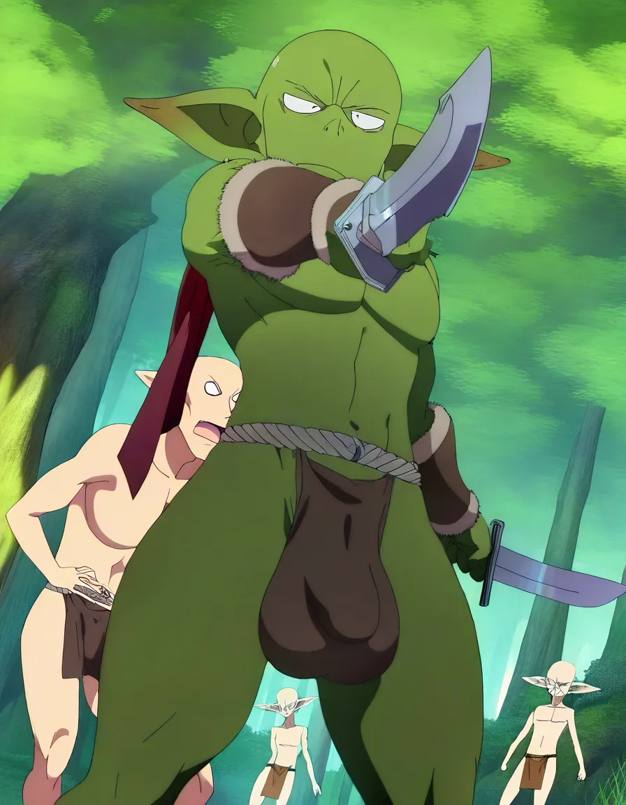 A small, green-skinned male goblin with a small loincloth revealing a large bulge, standing in a forest at night holding a dagger; the goblin is very masculine, bald, and has masculine features and pubic hair., (anime style:1.3), 2d, anime screencap, cel shading, flat color