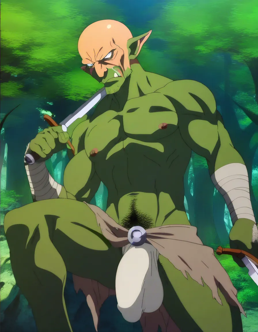A small, green-skinned male goblin with a small loincloth revealing a large bulge, standing in a forest at night holding a dagger; the goblin is very masculine, bald, and has masculine features and pubic hair., (anime style:1.3), 2d, anime screencap, cel shading, flat color, @00osamio00