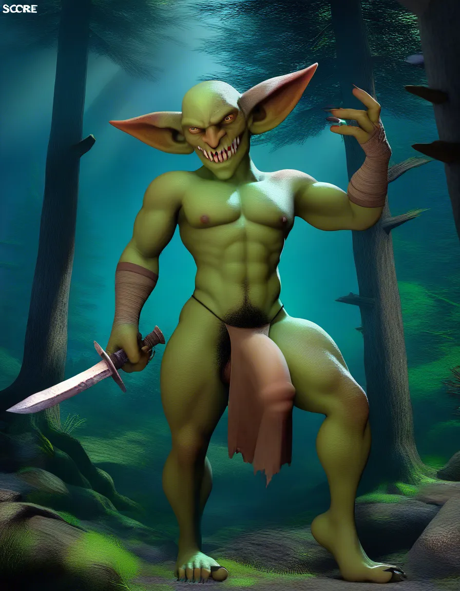 A small, green-skinned male goblin with a small loincloth revealing a large bulge, standing in a forest at night holding a dagger; the goblin is very masculine, bald, and has masculine features and pubic hair., score_9, score_8, 3d render, octane render, subsurface scattering, ray tracing, smooth shading