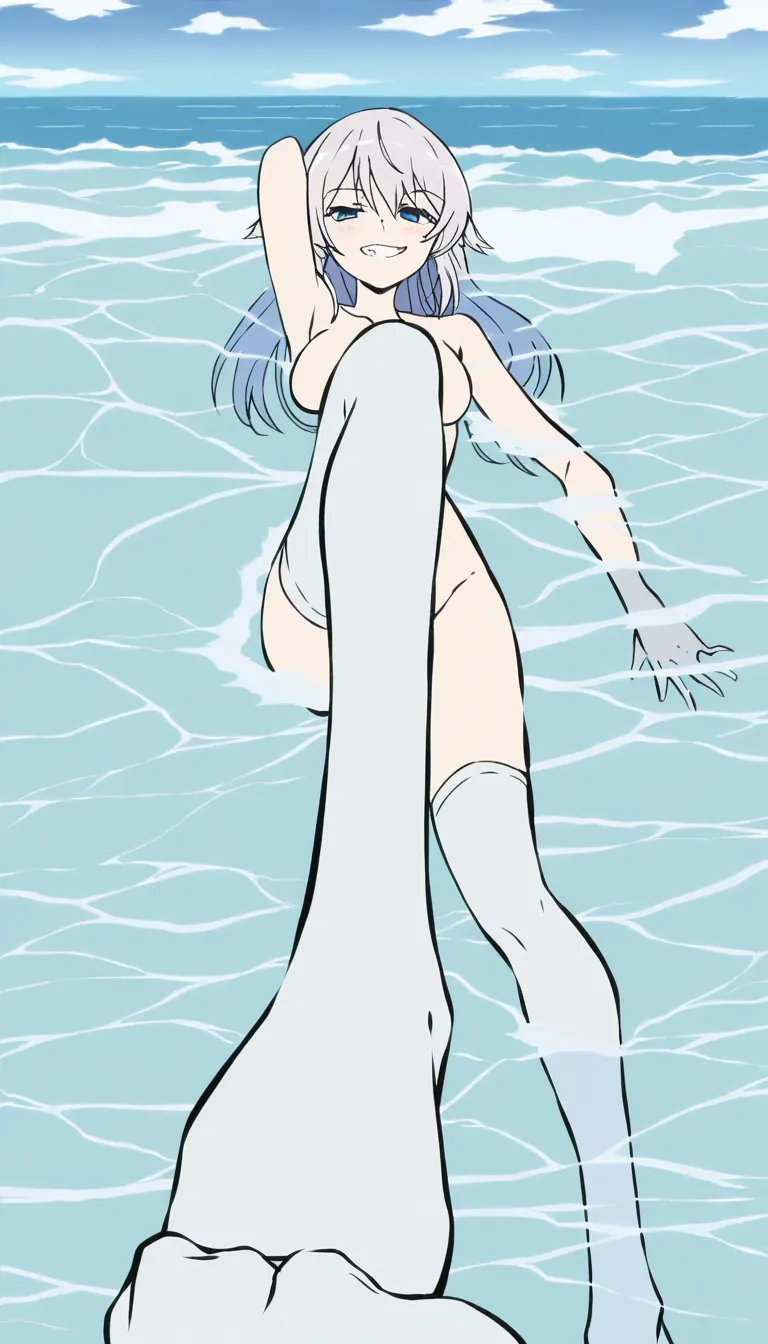 8k, sharp focus, detailed skin, POV, solo female, footjob, white thighhighs, ocean, teasing grin, hyperrealistic, nude