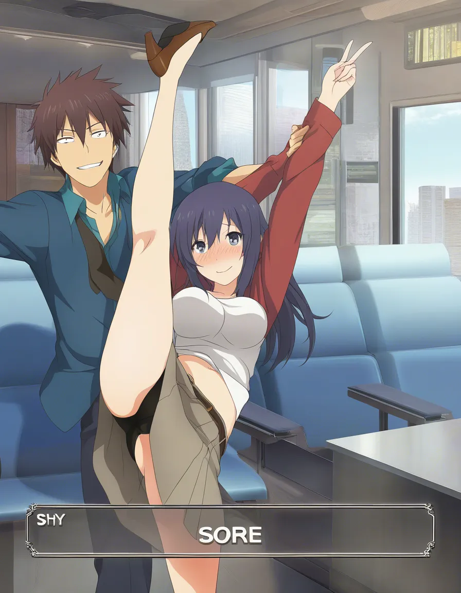 absurdres, highres, couple, underwear, leg up, shy smile, visual novel art, hentai_studio_quality