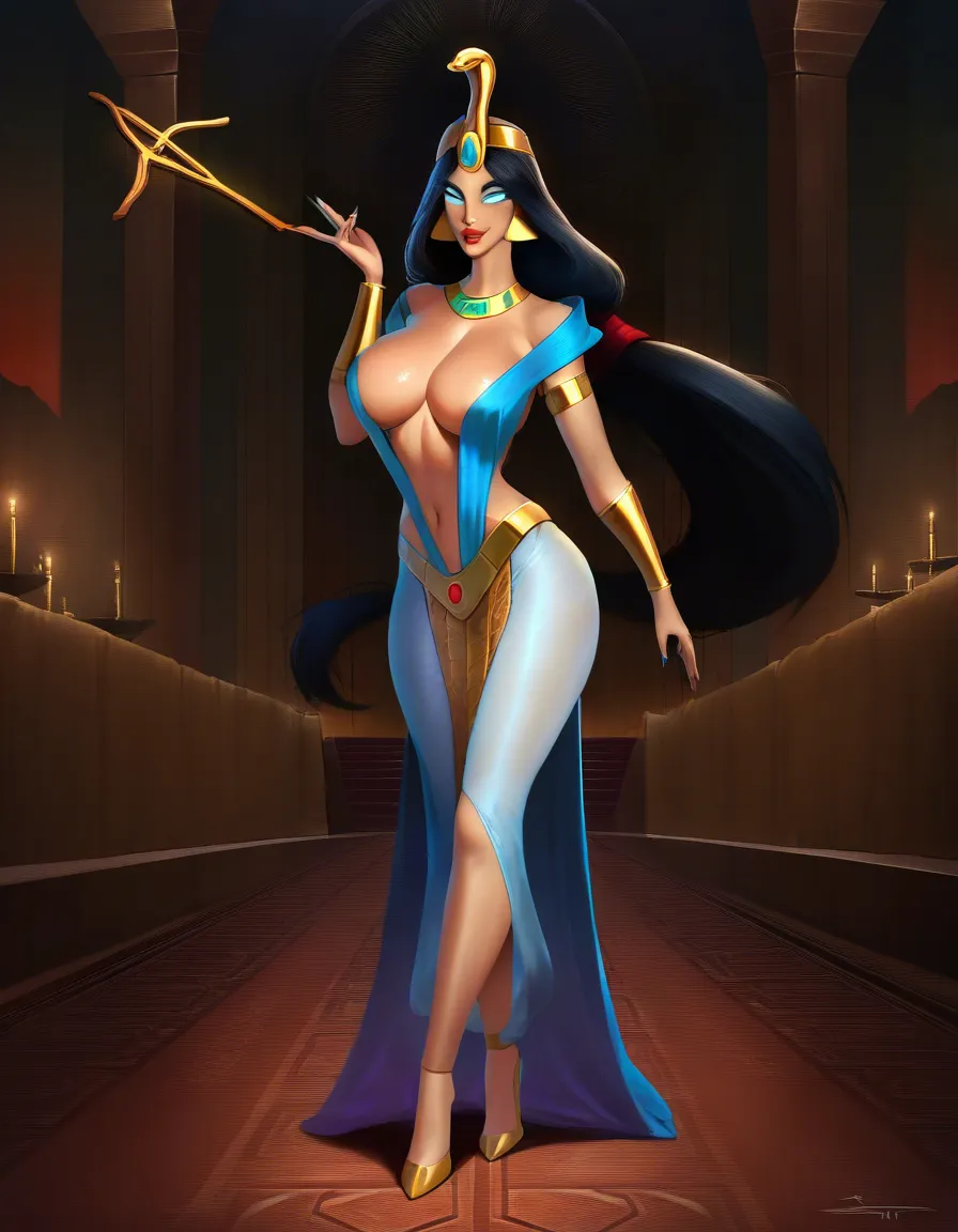 Hyper-realistic photograph of a mature, MILF version of Princess Jasmine from Aladdin, exact facial likeness but aged into her mid-30s.
Face: beautiful Middle-Eastern features, large dark almond-shaped eyes with long lashes, perfectly arched dark eyebrows, straight elegant nose, full plump lips with a soft natural pout, high cheekbones, soft mature facial structure with subtle signs of age and beauty. Warm golden-brown skin with realistic pores and a healthy dewy glow.
Hair: long, thick, glossy jet-black hair cascading past her waist in soft waves, with a few elegant face-framing strands, styled luxuriously.
Body: extremely voluptuous and mature MILF figure — massive soft heavy natural breasts (full E-cup) with deep cleavage, dramatically cinched soft waist, very wide rounded hips, thick plush thighs, plump round high ass, soft natural belly curve, realistic skin texture with subtle stretch marks on the hips and under the breasts, light sheen of oil.
She is wearing a highly revealing, sexy redesign of her classic turquoise outfit: a tiny crop top that barely contains her huge breasts and leaves her midriff fully exposed, paired with ultra-low-rise harem pants that sit extremely low on her wide hips, the fabric thin and clinging, with high side slits that expose most of her thighs and hips. Gold jewelry — ornate necklace, earrings, bracelets, and a delicate chain around her waist.
Pose: standing confidently inside her luxurious palace bedroom, one hand resting on her hip, the other lightly touching a nearby silk curtain, chest pushed forward, slight arch in her back, looking at the camera with a sultry, mature, knowing expression.
Setting: opulent Agrabah palace interior — rich silk curtains in deep blues and golds, ornate carved wooden pillars, plush Persian rugs, golden lamps casting warm soft light, large windows with moonlight filtering in, luxurious bed with silk sheets in the background.
Shot as a real photograph on a professional camera, 85mm lens, soft warm palace lighting, natural skin texture, visible pores, individual hair strands, realistic fabric details, slight film grain, photorealistic, 8K, highly detailed, pure real-life photograph., (anime style:1.3), 2d, anime screencap, cel shading, flat color, @00osamio00