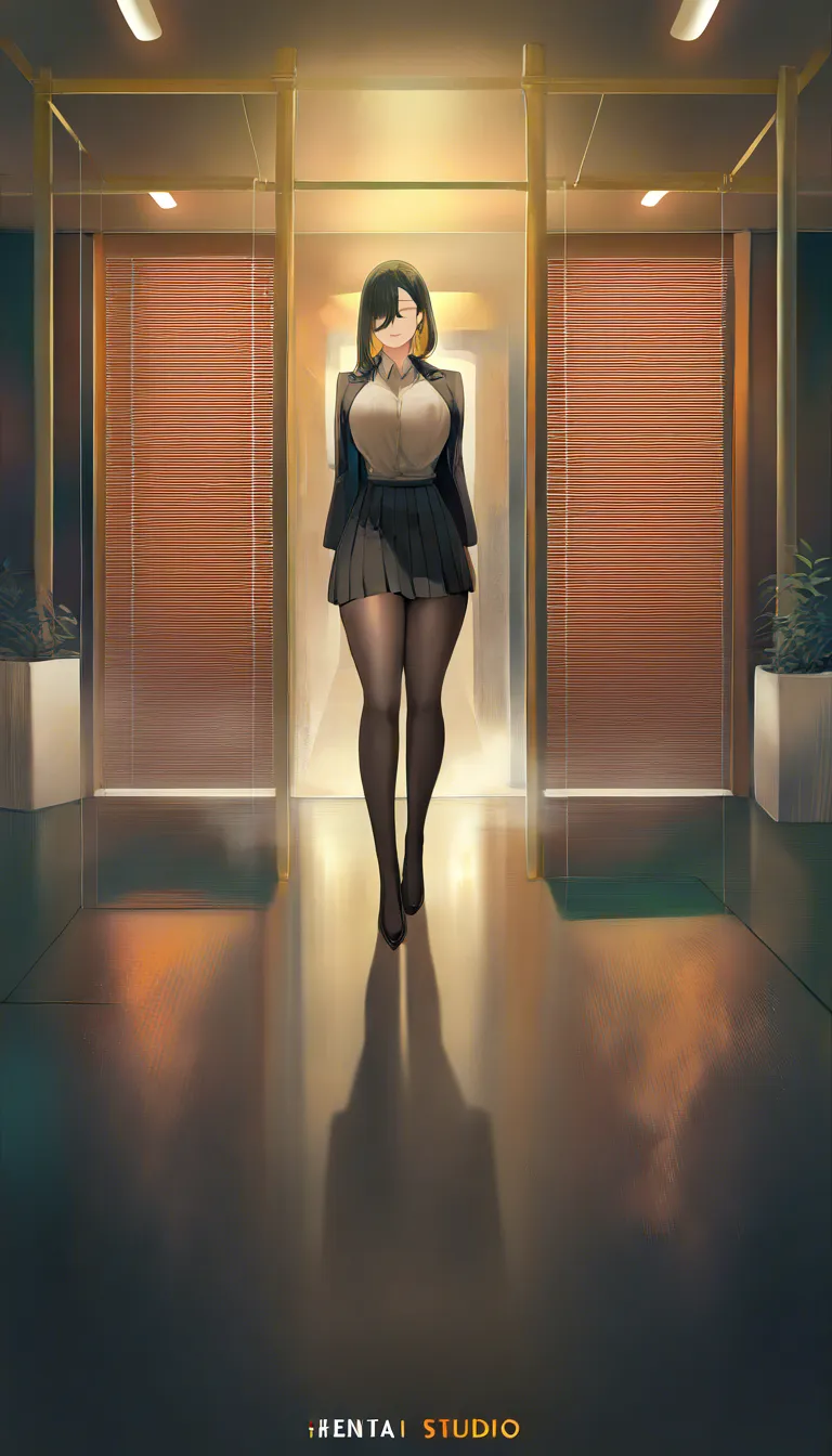 The scene is captured in a wide-angle, hyper-realistic shot within a dim, oppressive Japanese room where thick shafts of golden light pierce through bamboo blinds, illuminating swirling dust and a haze of sandalwood incense. Centrally framed and standing tall is Auntie Mariko, a mature woman with a voluptuous, curvy build and shimmering, oil-slicked skin that glistens with a mixture of sweat and oil. She is completely nude, her heavy maternal silhouette emphasized by the striped lighting, her long, messy dark hair cascading over her shoulders and her heavy-lidded, fatigued eyes casting a knowing, smirking gaze downward