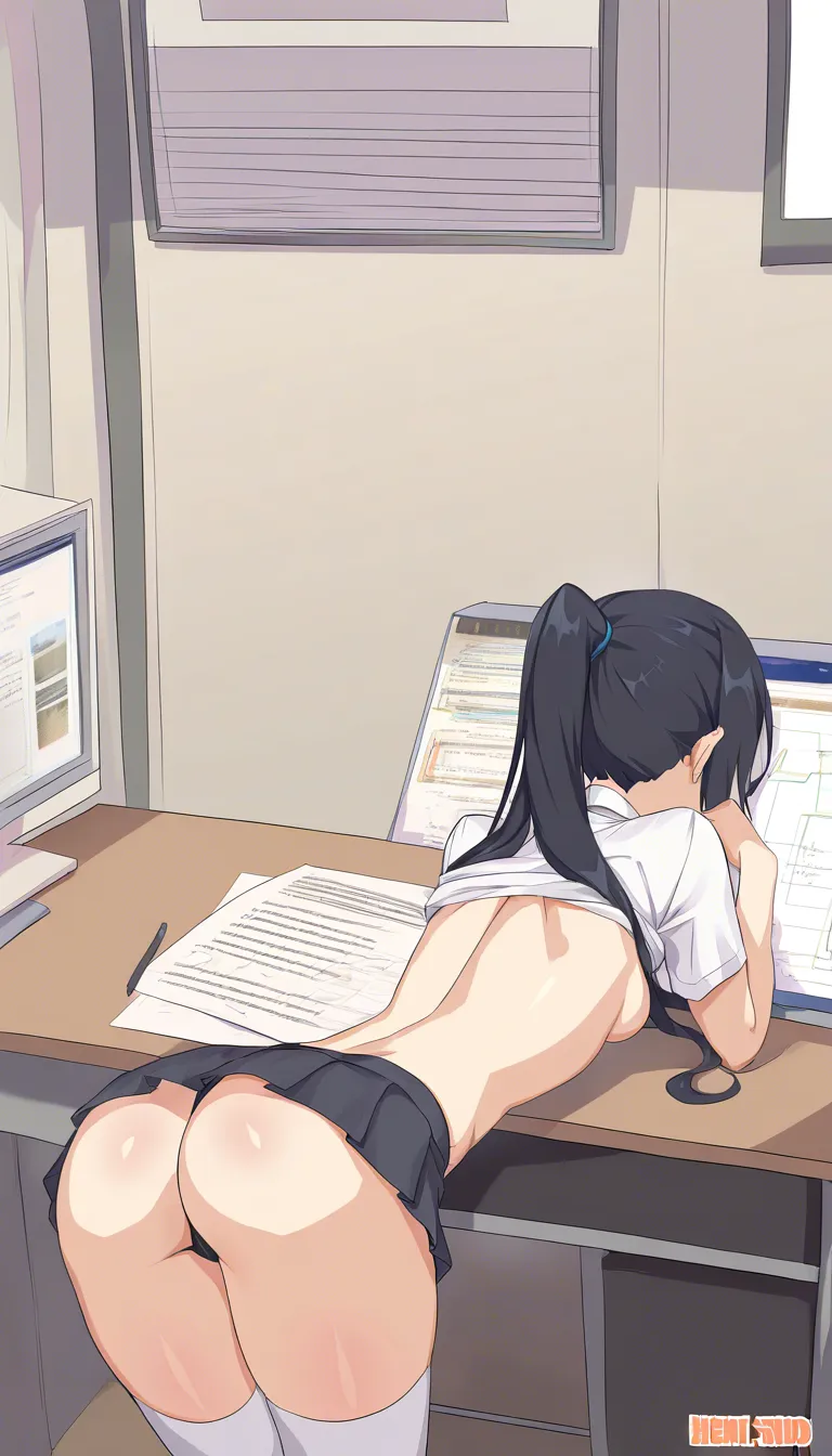 studio quality, best quality, Masterpiece, 8k, Detailed, school girl, shorty girl, girl short, thin, small_breasts, black_hair, ponytail, lifted up shirt, very short skirt, very long White over knee socks, round ass, bent_over on desk girl lean her ass back, gets fucked from behind in the ass, by black man from_behind, large_penis, dark brown penis, sex, view from_side