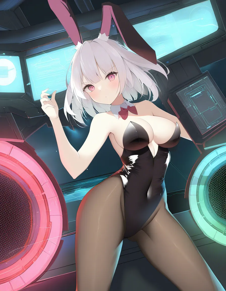 sharp focus, 8k uhd, playboy_bunny, science_fiction, solo_girl, white_hair, pink_eyes, time_machine, hentai_studio_quality