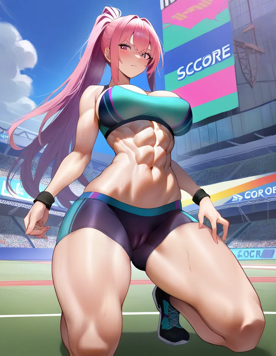 best quality, explicit detail,explicit anime render, black micro_shorts, soft teal sports_bra, rose pink_hair, intense royal purple_eyes, on_one_knee, cameltoe, cleft_of_venus athletic, abs, ponytail, long_hair, straight_hair, public_indecency, public park, straight-on, looking_at_viewer, looking_ahead, 1girl, solo_focus, from_below, Masterpiece, sharp_focus, best_lighting, highres, ultra_detailed, dappled_sunlight, golden_hour, small_breasts,, (anime style:1.3), 2d, anime screencap, cel shading, flat color, soft tan skin with a gentle warm undertone., hentai_studio_quality