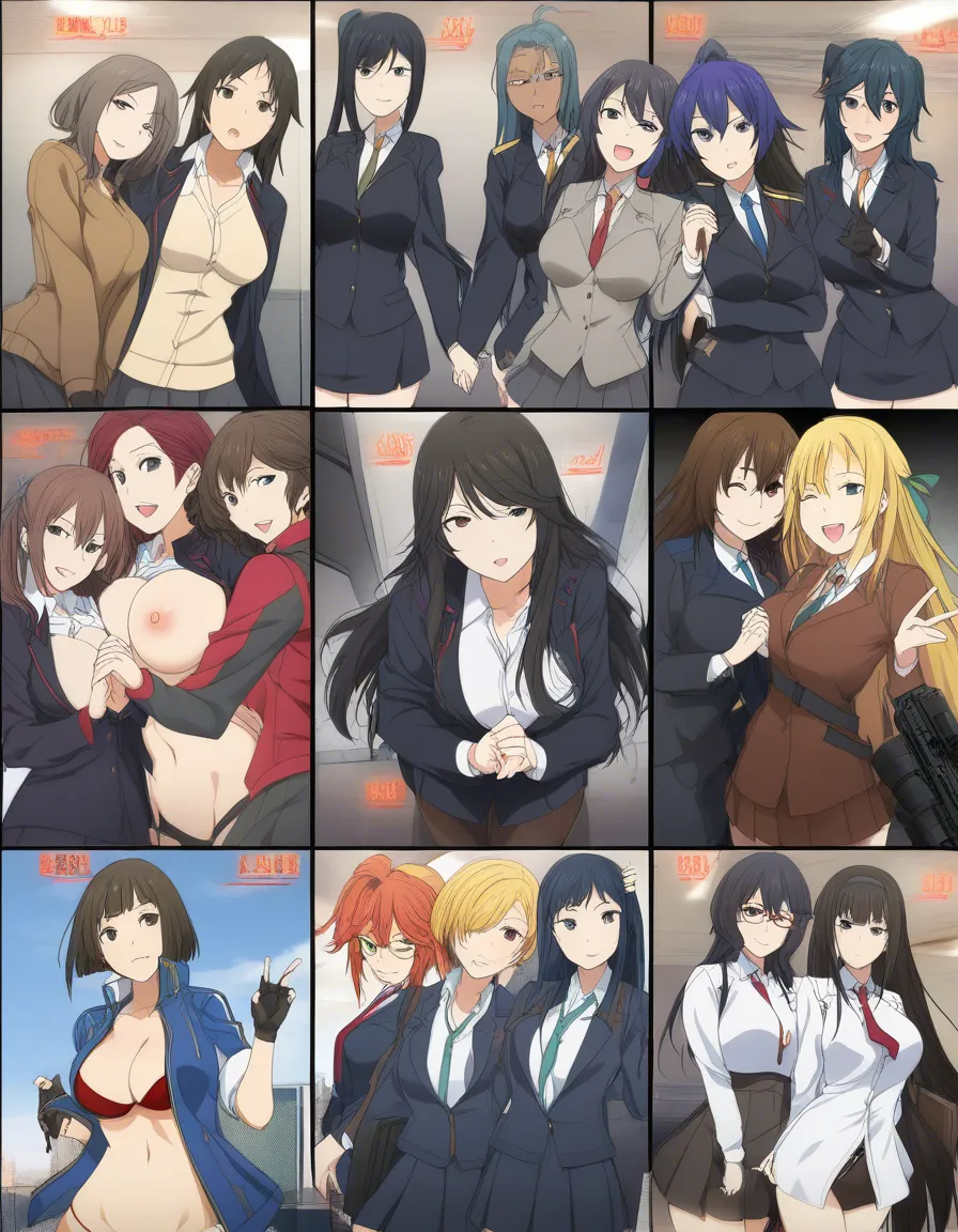 best quality, polished, 6+girls, holding hands, jacket, blowjob, manga panel look, hentai_studio_quality
