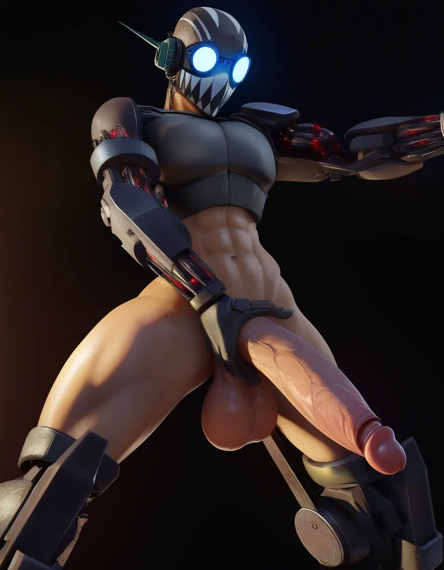 Cyborg futanari full_body large_penis, score_9, score_8, 3d render, octane render, subsurface scattering, ray tracing, smooth shading