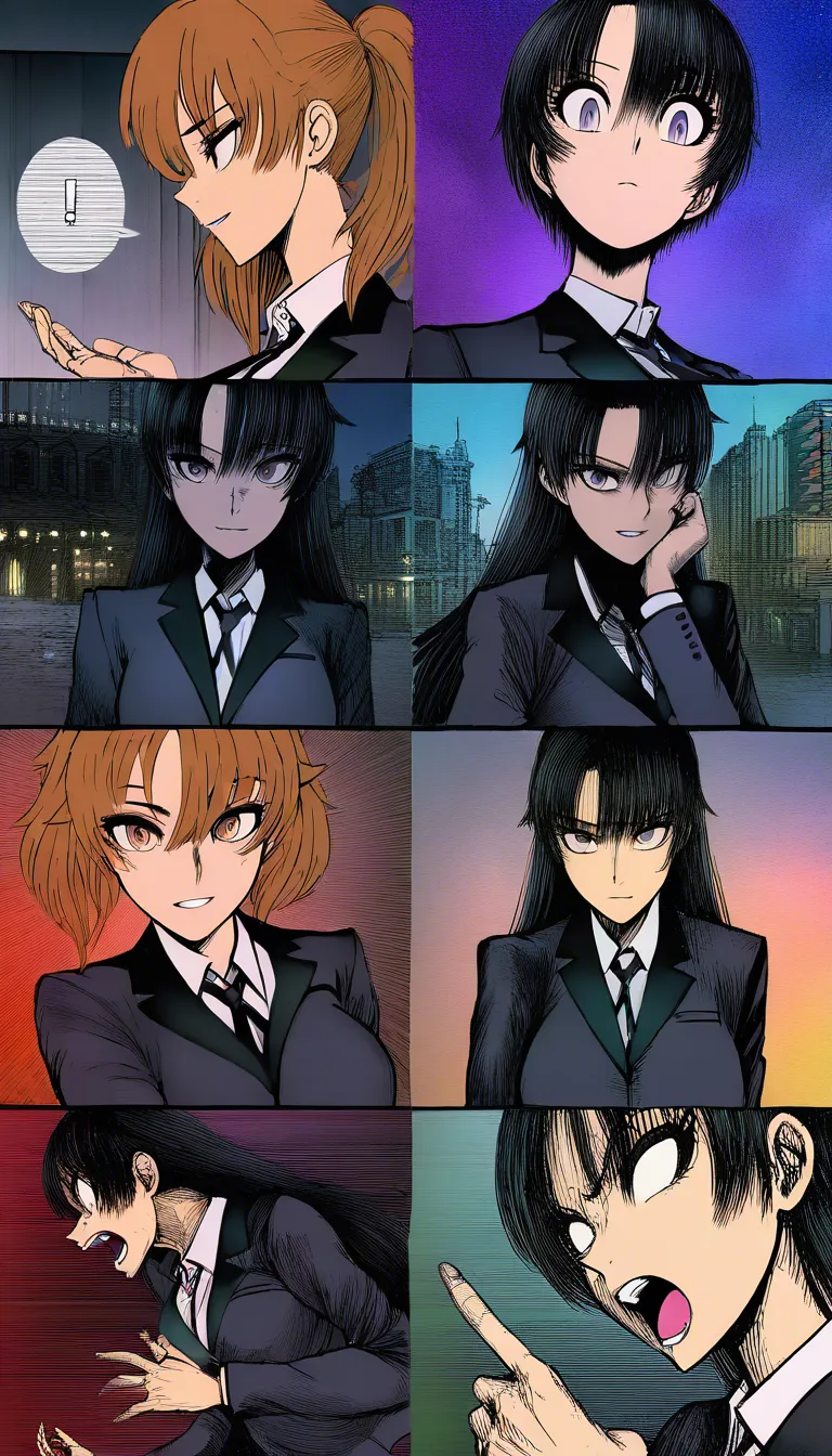 Masterpiece, best quality, ultra-detailed, fine texture details, rich colors, sharp focus, Akira Hiramoto style, manga page, comic page, multi-panel layout, professional composition. A black-haired high school girl and a brown-haired delinquent male are engaged in intense sexual intercourse on a hotel bed; missionary position. He thrusts his hips vigorously, pressing into her, while she gasps and moans intensely. He ejaculates inside her. He wears an expression of intense pleasure, and she reaches the peak of her own pleasure. Dynamic composition, Japanese sound effects, Japanese speech bubbles., hentai_studio_quality