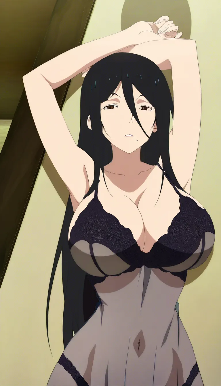 masterpiece, best quality, 1girl, presenting, mature_female, arms_up, mole_under_mouth, (anime style:1.3), 2d, anime screencap, cel shading, black_hair, lingerie, see-through_clothes, long_hair, hentai_studio_quality, armpit_crease, hentai_studio_quality