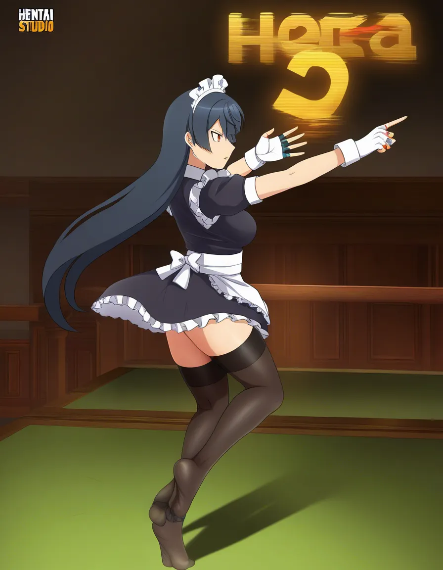 @ellen_joe #feet #black_thighhighs #gloves #skirt #maid #futa_with_female, hentai_studio_quality