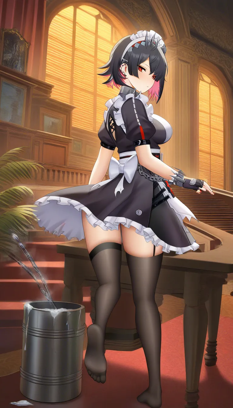 @ellen_joe #feet #black_thighhighs #gloves #skirt #maid #sitting_on_lap, hentai_studio_quality