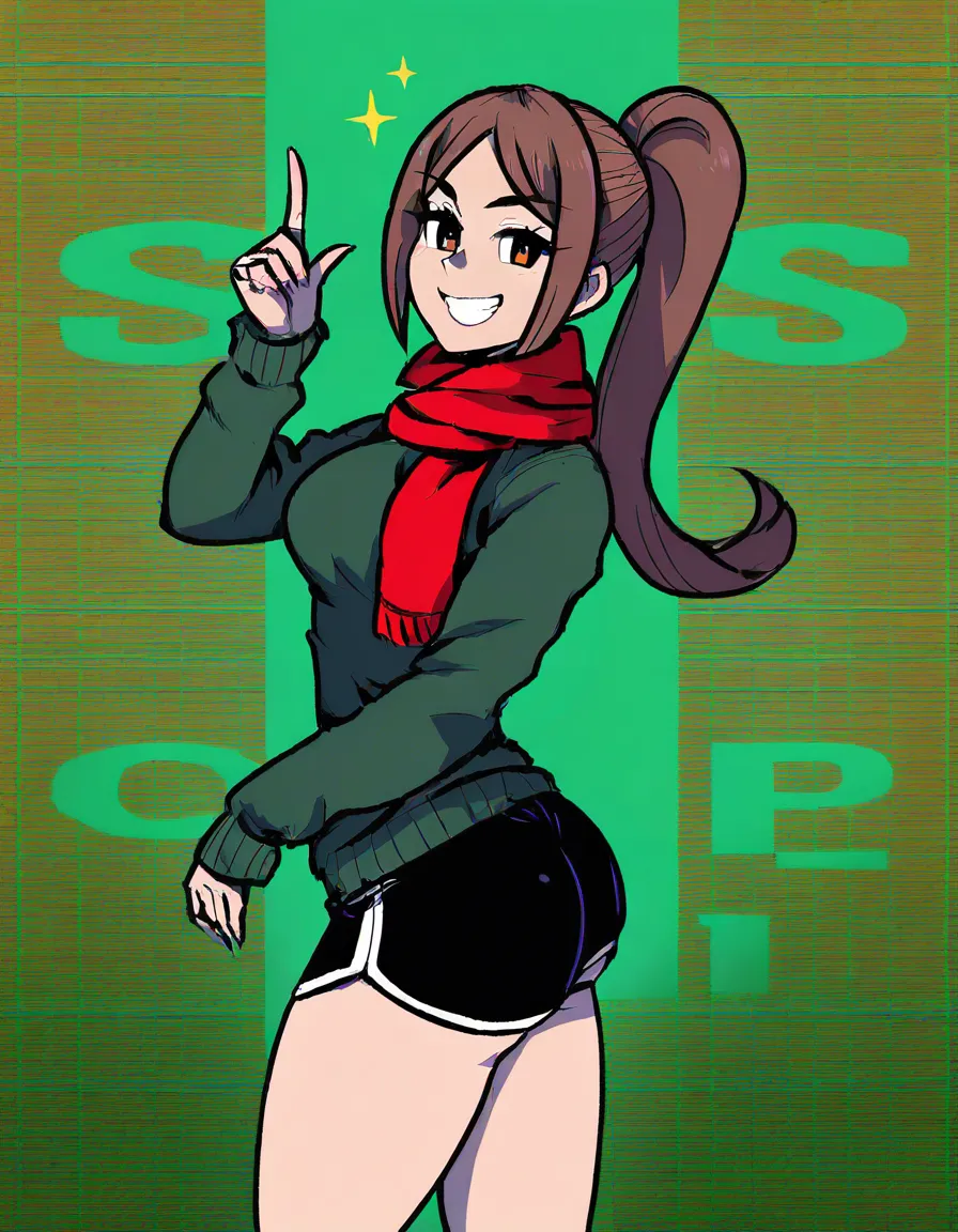 #akairiot_artstyle, @lofi_girl_(youtube), 1girl, solo, aged_up, dark-brown_hair, ponytail, medium_breasts, grin, ass, dark-green_sweater, red_scarf, dolphin_shorts, black_shorts, standing, full_body, looking_back, from_behind, hentai_studio_quality