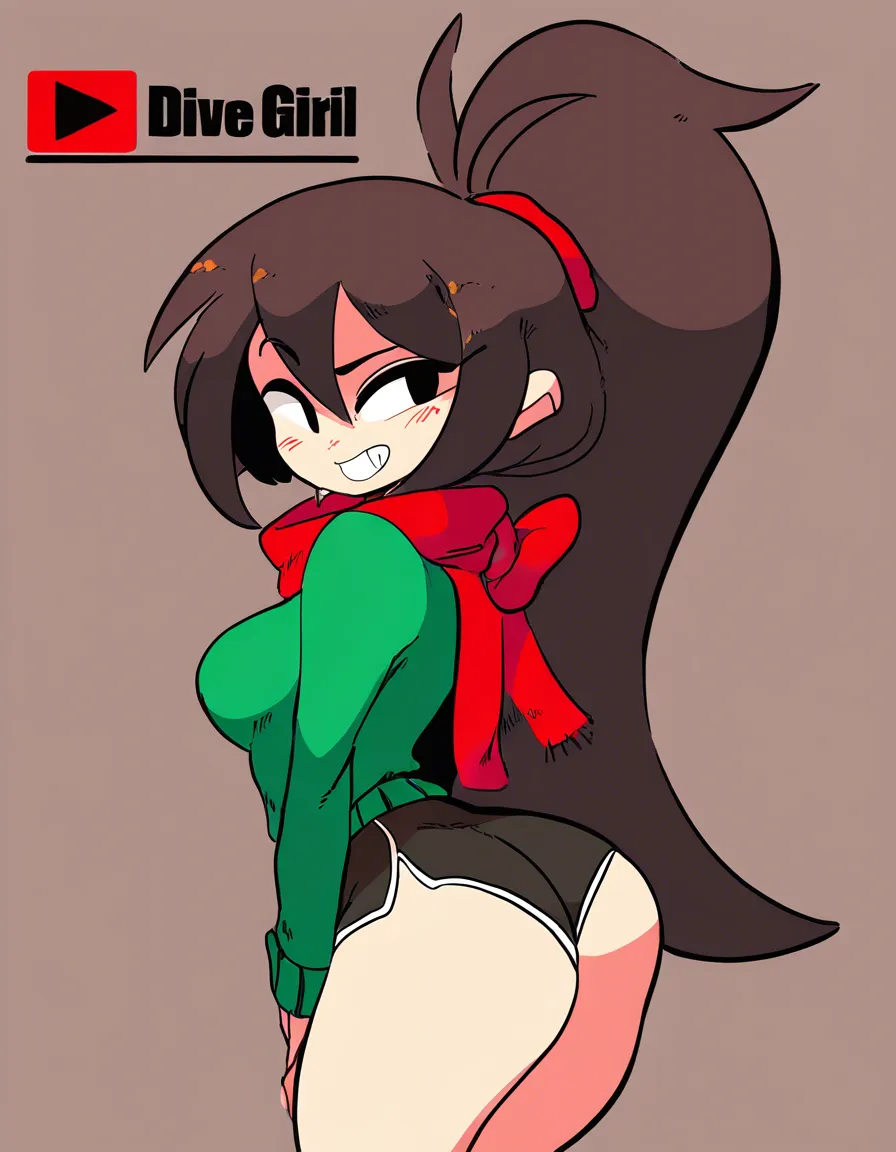 #diives_artstyle, @lofi_girl_(youtube), 1girl, solo, aged_up, dark-brown_hair, ponytail, medium_breasts, grin, ass, dark-green_sweater, red_scarf, dolphin_shorts, black_shorts, standing, full_body, looking_back, from_behind, hentai_studio_quality