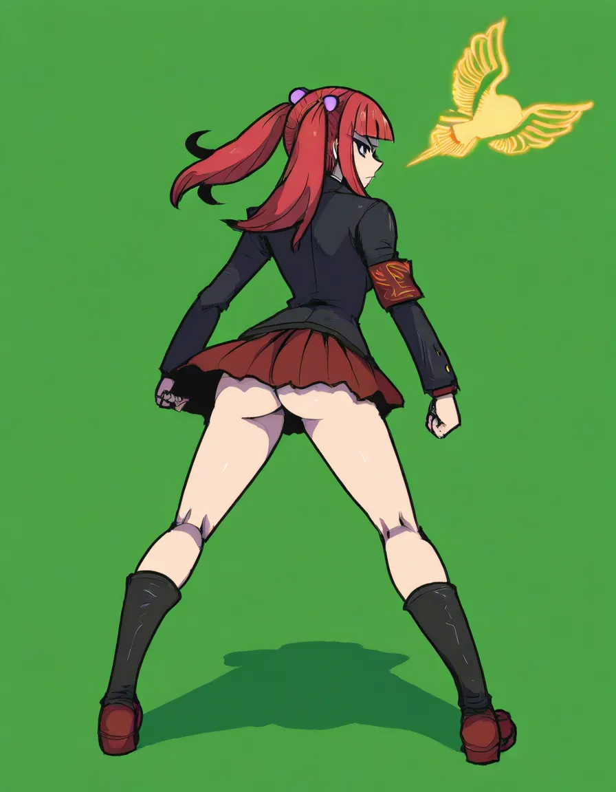 #akairiot_artstyle, @ushiromiya_ange, umineko_no_naku_koro_ni, 1girl, solo, serious, ass, red_hair, long_hair, twintails, hair_bobbles, skirt, standing, full_body, looking_back, from_behind, hentai_studio_quality