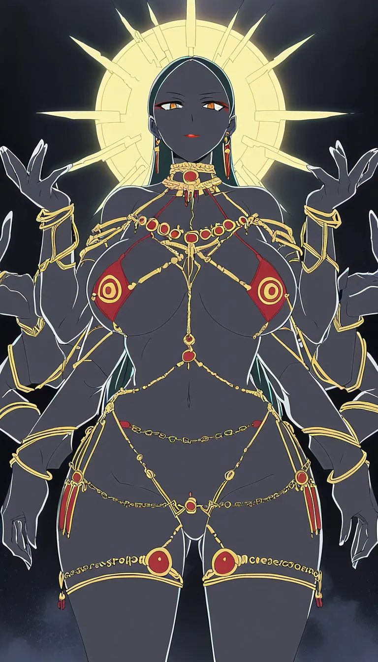 1 Adult Mother Goddess with multiple arms, Beautiful, ethnicity Hindu, Bengali, red lipstick, Accurate Anatomy, symmetrical body structure, Big chest, Thick thighs and arms, thick pelvis, tight fitting bra with intricate patterns and baggy mini skirt with curls and frills, Adorned Heavily in Indian Ornaments, black eyes, POV Sex, Symmetrical Tight Straddling Position, Having sex with viewer, big all around Mukut Crown, devine radiance, Calm and Graceful Expression, confident smile with hooded eyes, flowers around in Symmetrical order, holding flowers, floral necklace, Geometrical art style