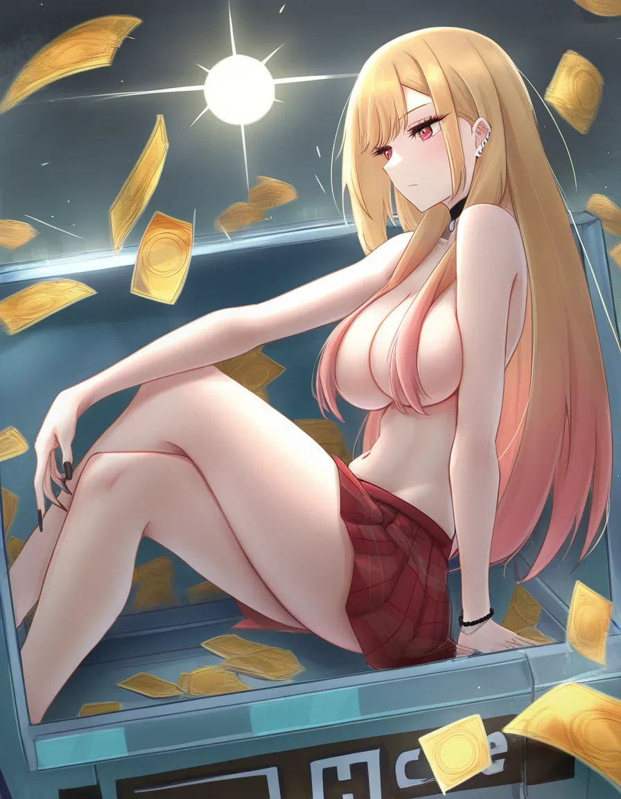 @kitagawa_marin , in_container  , suutcase, expressionless , topless , red_skirt, hentai_studio_quality