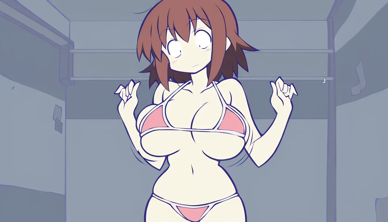 1 Cute girl, big bouncing boobs, a room, triangle bikini, boobs growing, focus, advrige body, big but, Brown hair, white skin.