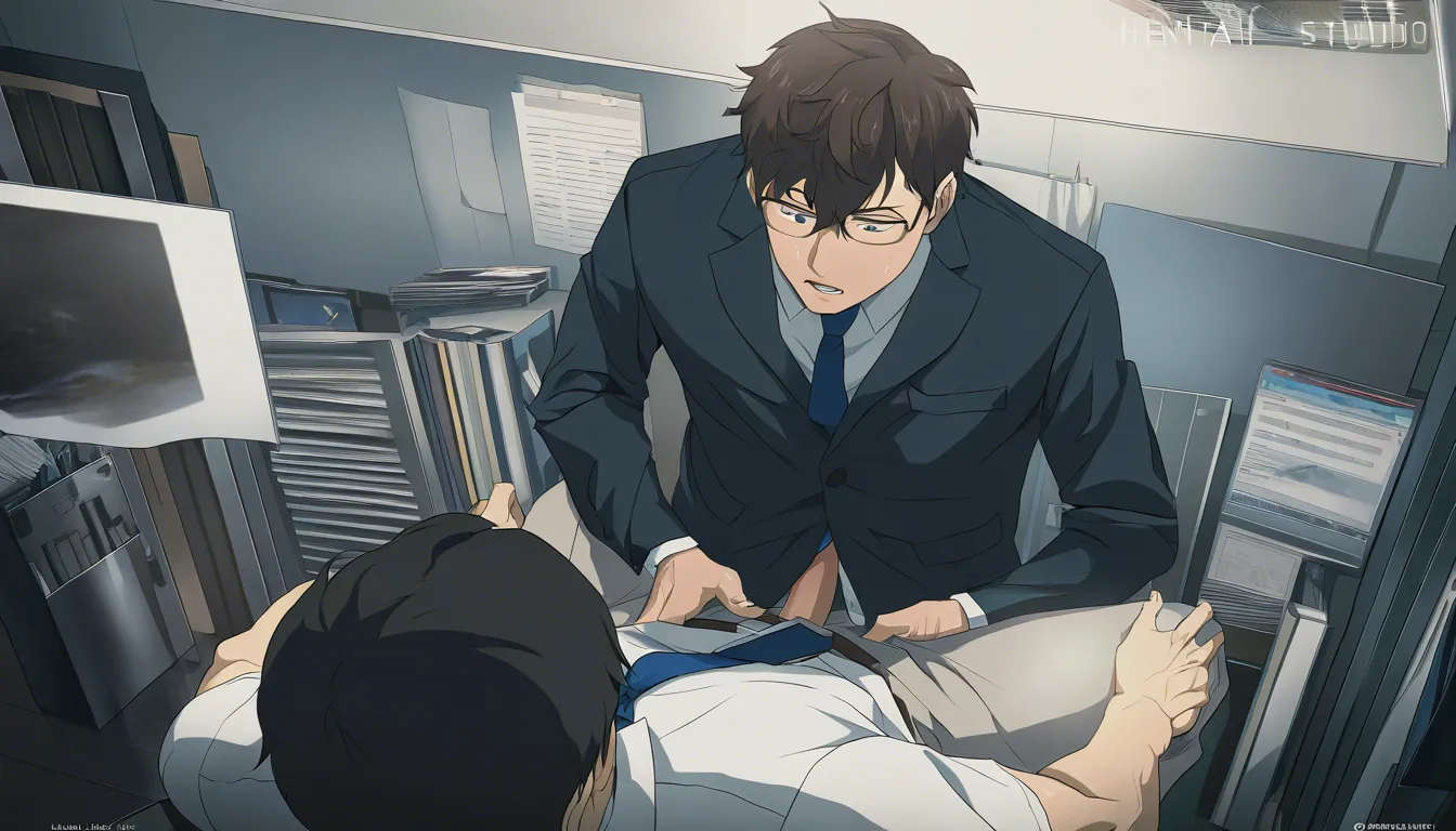 professional photo, high detail, 2boys, short hair, office wear, titfuck, film photography