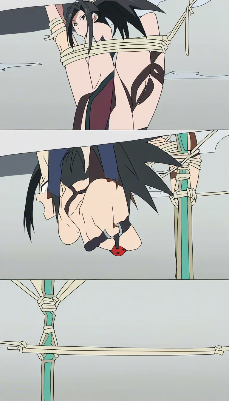 momo yaoyorozu being stripped naked and tied up with rope and a ball gag