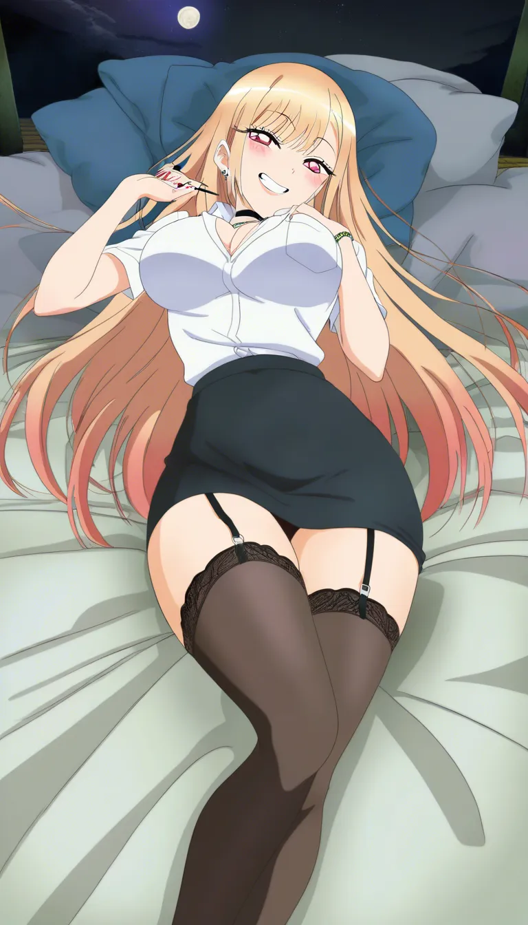@kitagawa_marin ,18+ anime art style, hourglass figure, perfect figure,tight waist, office suit, pencil skirt, black stoking, garter belt, open white blouse , lying on back,on luxury bed  in dark bedroom,spread_legs night, night moon soft smooth dim light right side from window. one condom holding in head. top view., seductive smile,, hentai_studio_quality