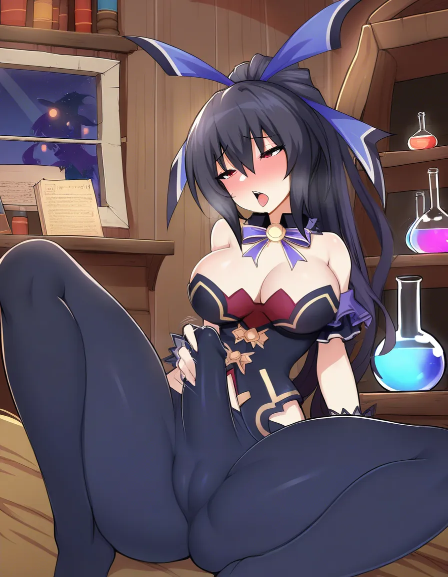 @noire_(neptunia) detailed shading, masterpiece, futanari, open_mouth, witch, erection_under_clothes, masturbation, cameltoe, blush, potion shelves, hentai_studio_quality