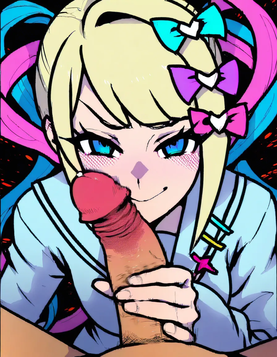 @chouzetsusaikawa_tenshi-chan, 1girl, naughty_face, smile, akairiot_artstyle, handjob, blush, pov, (anime style:1.3), 2d, anime screencap, cel shading, flat color, @00osamio00