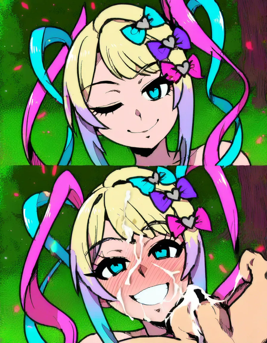 @chouzetsusaikawa_tenshi-chan, 1girl, smile, akairiot_artstyle, blush, pov, cum, facial, naughty_face, (anime style:1.3), 2d, anime screencap, cel shading, flat color, @00osamio00