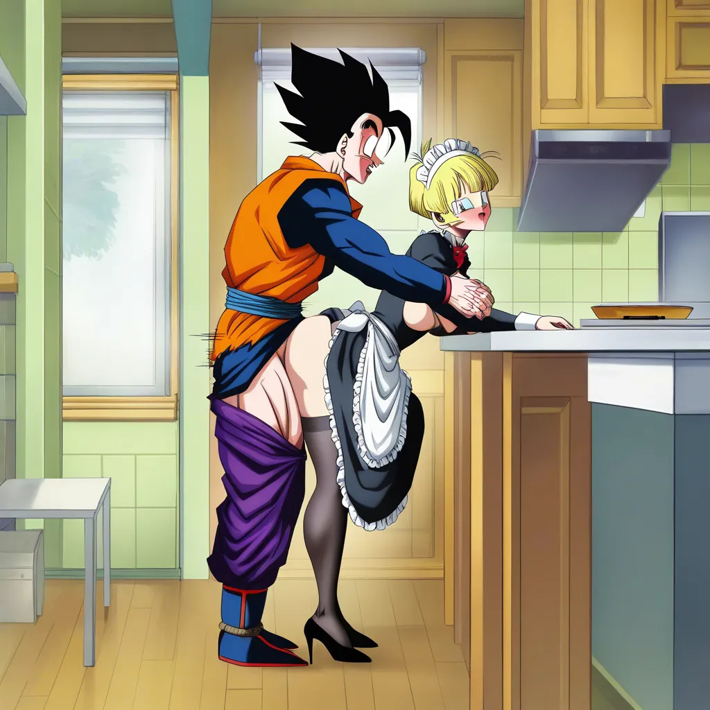 Son Gohan, Erasa (Dragon ball), Maid, open_clothes, sex_from_behind, Kitchen, table, hentai_studio_quality