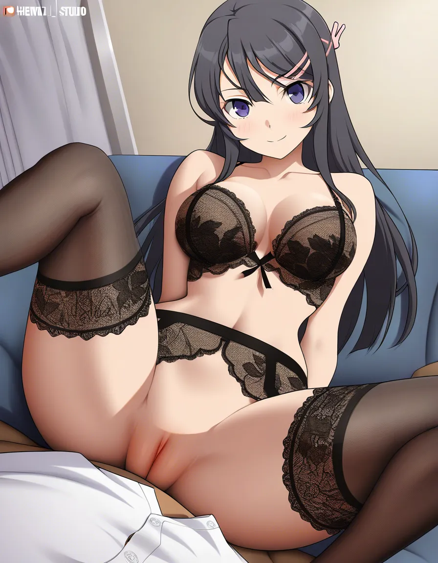 Mai sakurajima, room, sofa, sit, spread legs, Unbuttoned White shirt, Stockings with a belt, Lacy black lingerie, An unbuttoned bra, front hook, sexy looking_at_viewer, no panties, hentai_studio_quality