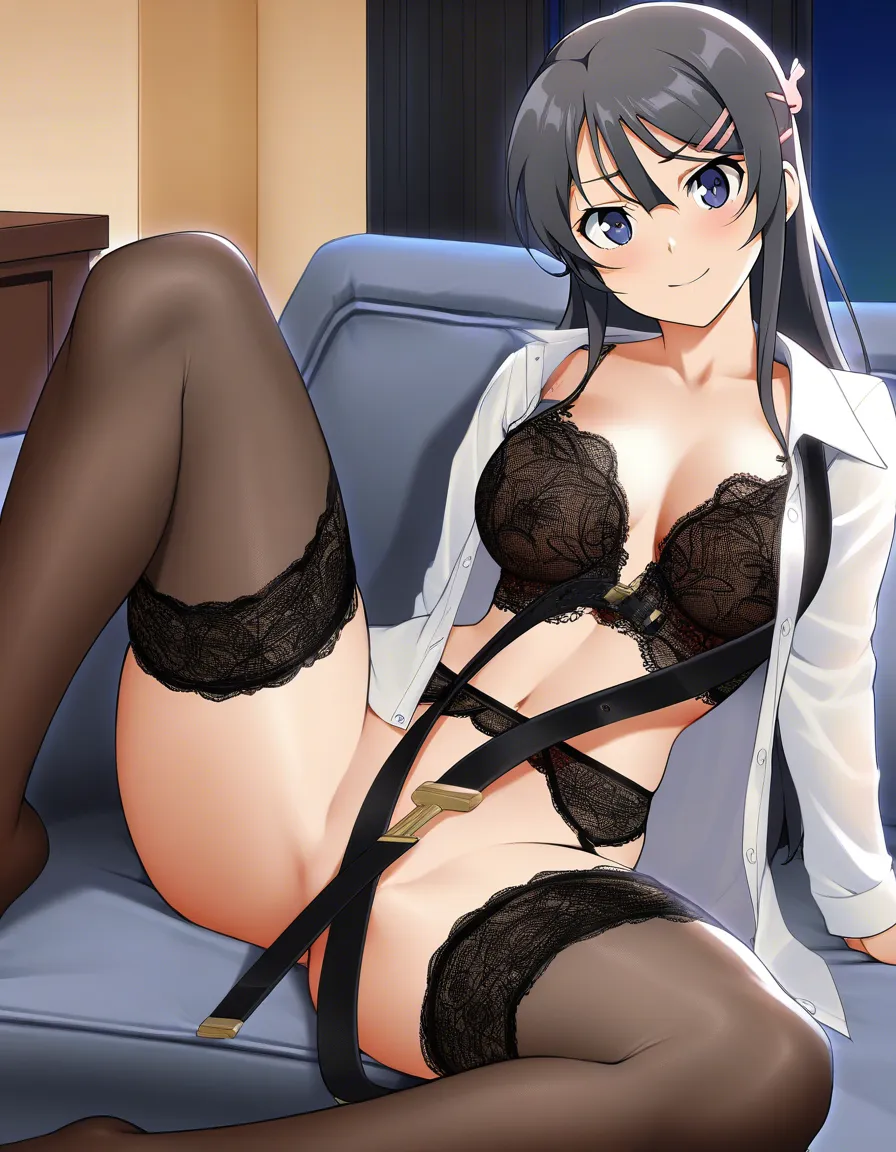 Mai sakurajima, room, sofa, sit, spread legs, Unbuttoned White shirt, Stockings with a belt, Lacy black lingerie, An unbuttoned bra with front hook, sexy look, no panties, hentai_studio_quality
