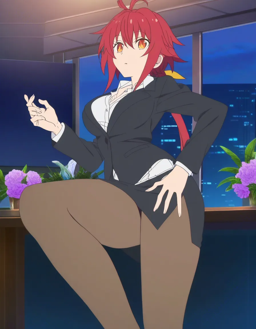 masterpiece, clean art, office lady, flower, leg up, low angle, eroge aesthetic, (anime style:1.3), 2d, anime screencap, cel shading, flat color