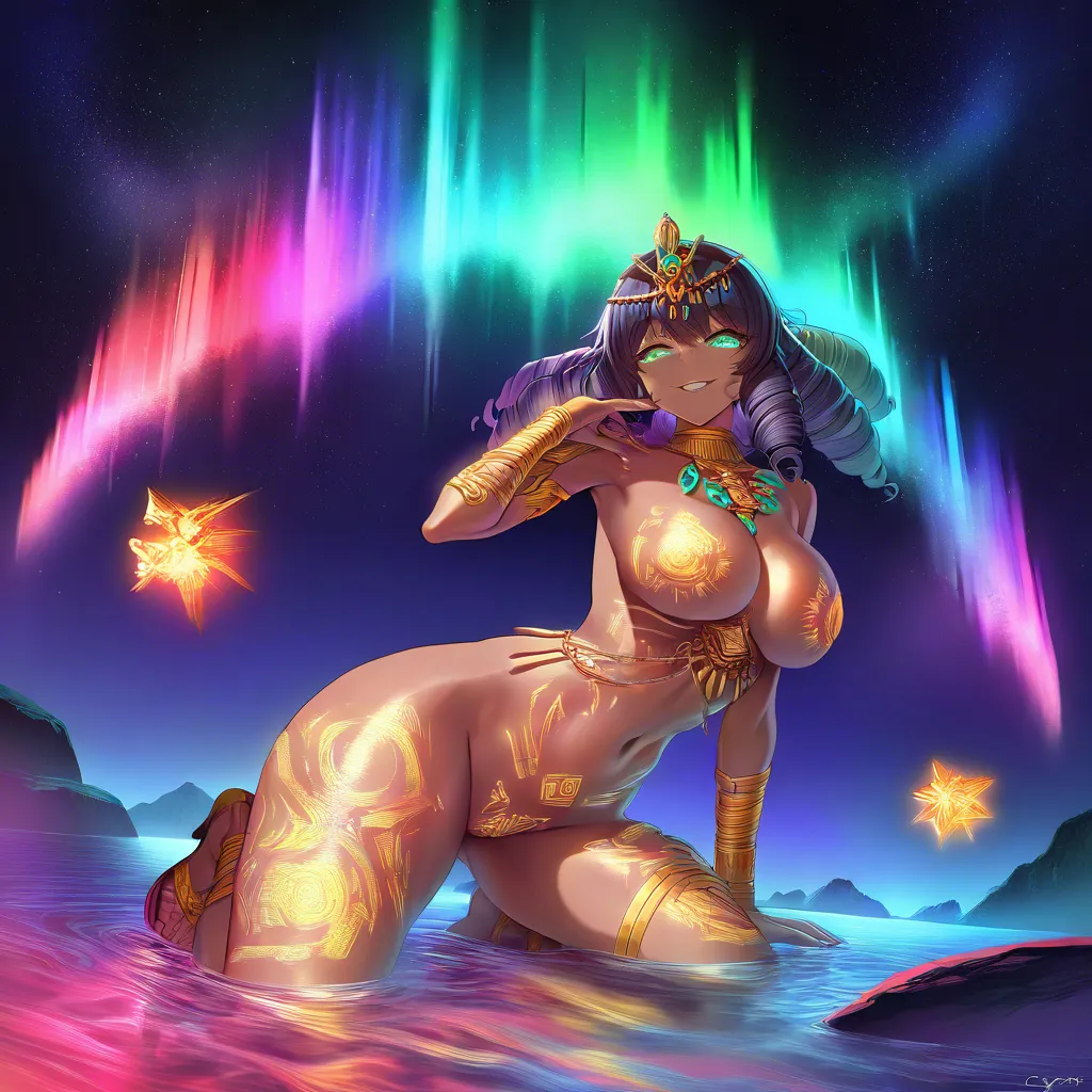 Seductive woman kneeling on a floating crystal platform in deep space, body painted with glowing psychedelic tribal patterns that shift and pulse. She looks over her shoulder with a smoldering gaze, one hand resting on her thigh. Cascading rivers of liquid aurora (pink, cyan, gold) flow around her. Soft volumetric fog, intricate fractal jewelry, hyper-detailed skin pores and subtle muscle definition, dreamy atmosphere, cinematic composition, high contrast neon glow, sensual and otherworldly., (anime style:1.3), 2d, anime screencap, cel shading, flat color, @00osamio00