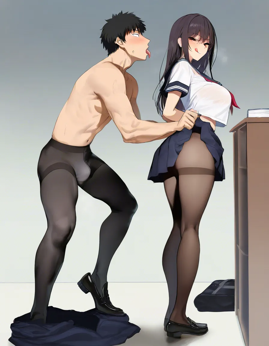 1girl, 1boy, male_focus, undressing, bulge, looking_at_another, pantyhose, school_uniform, serafuku, loafers, black_footwear, topless_male, clothed_female_nude_male, licking_lips, blush, naughty_face, full_body, condom, on_bed, night, window, hentai_studio_quality