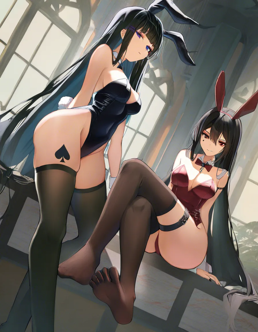 masterpiece, clean art, 2girls , @burnice_white , long_hair, playboy_bunny , goth, black_hair , perfect feet , thighhighs, rabbit_ears , rabbit_tail, makeup , thighs , perfect_face, perfect_anataomy, perfect_proportions, spade tattoo on thigh, skirt, cheerleader,  heart-shaped_pupils , blush, light_smile , all_fours , A goth bunny cheerleader sucking on the toes of Burnice White, full_body, hentai_studio_quality
